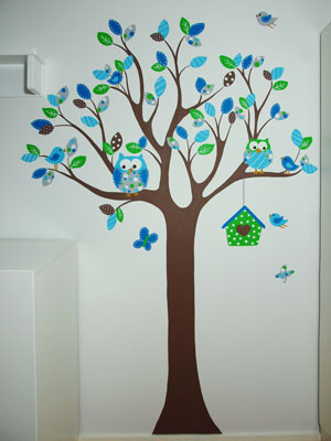 Babykamer boom muurschildering dieren vogeltjes